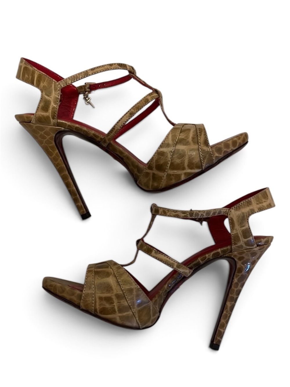 Cesare Pacitti Leather Croc-Embossed Strappy High Heel Sandals - Gold/ Green